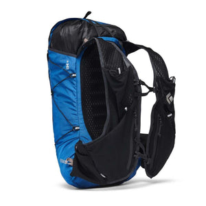 Black Diamond blue and black running vest backpack with mesh shoulder straps and side pockets
