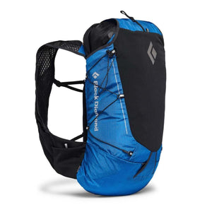 Blue and black Black Diamond running vest with mesh shoulder straps and bungee cord compression