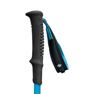 Black Diamond trekking pole handle with black foam grip and blue adjustable wrist strap