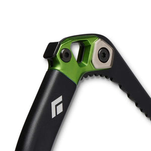 Black Diamond ice axe head with green metallic accent and black serrated pick