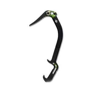 Black Diamond ice axe with black shaft and green head and handle accents
