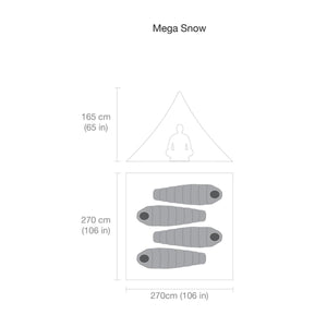 Black Diamond Mega Snow tent dimensions diagram showing floor space and height with four sleeping bags
