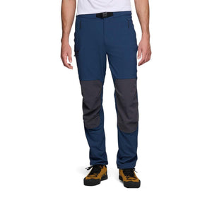 Black Diamond blue climbing pants with dark grey reinforced knee patches
