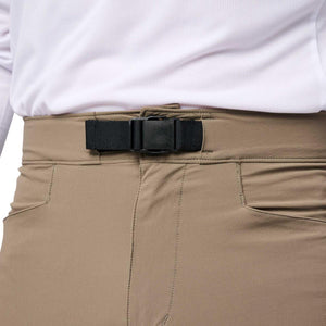 Black Diamond tan pants with integrated black webbing belt and plastic buckle