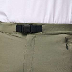 Black Diamond olive green pants with integrated black webbing belt and plastic buckle