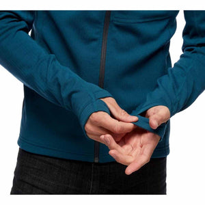 Close up of blue zip up jacket sleeves with thumb holes