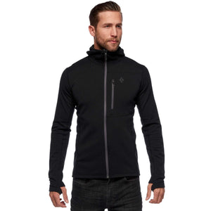 Man wearing a black Black Diamond hooded fleece jacket with a chest zip pocket