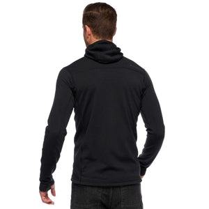 Back view of a man wearing a black Black Diamond hooded fleece jacket