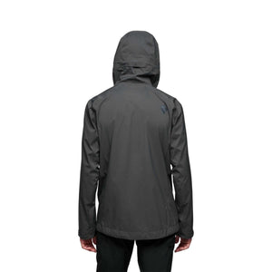 Back view of a charcoal grey Black Diamond hooded rain jacket