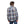 Back view of a man wearing a blue and tan plaid long sleeve flannel shirt