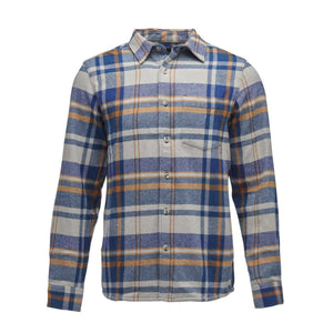 Black Diamond blue and grey plaid long sleeve button down flannel shirt