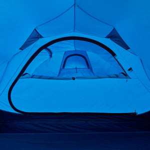 Interior view of a Black Diamond blue tent with a zippered door and ventilation window