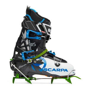 Black Diamond Scarpa Maestrale RS ski boot with green crampon attached