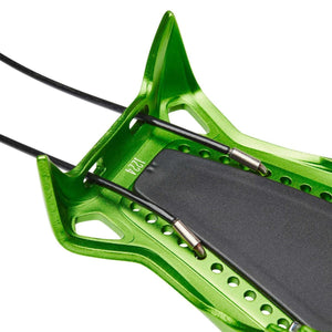 Black Diamond crampon heel piece with green metal frame and black cable attachment