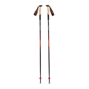 Black Diamond trekking poles with cork grips and red accents