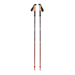 Black Diamond trekking poles with cork grips and red accents