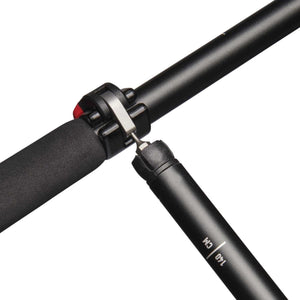 Close up of black metal tent pole connector with 140 cm label