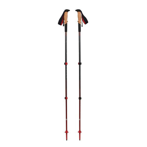 Black Diamond trekking poles with cork grips and red accents