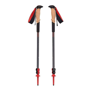 Black Diamond trekking poles with cork grips and red straps