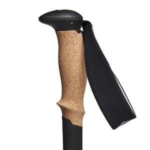 Trekking pole handle with cork grip and black wrist strap
