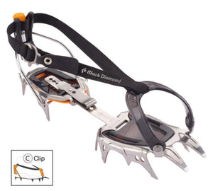 Black Diamond clip crampon with metal spikes and black adjustable strap