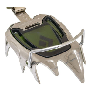 Black Diamond crampon front section with metal spikes and green anti-balling plate