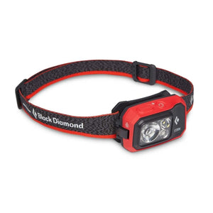 Black Diamond Storm headlamp with red casing and adjustable elastic strap