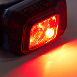 Headlamp with red LED light illuminated
