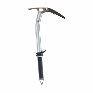 Black Diamond ice axe with silver curved shaft and black grip