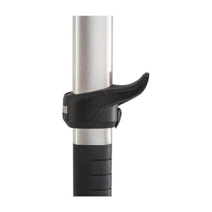 Black plastic locking lever on a silver metal pole