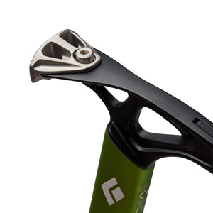 Black Diamond ice axe head detail showing the pick and metal attachment