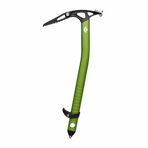 Black Diamond green ice axe with curved shaft and black pick