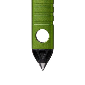 Green metal tactical pen tip with black plastic housing and steel point