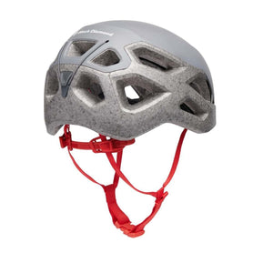 Black Diamond grey climbing helmet with red chin straps