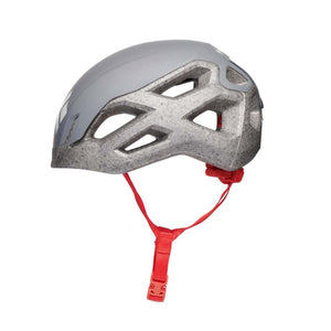 Black Diamond grey climbing helmet with red chin strap
