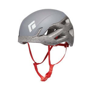 Black Diamond grey climbing helmet with red chin straps