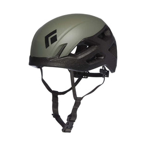 Black Diamond climbing helmet in olive green with black straps