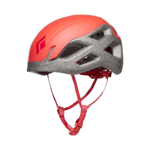 Black Diamond climbing helmet in red with grey foam ventilation