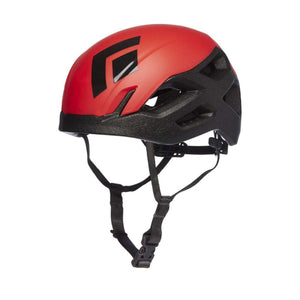 Black Diamond red climbing helmet with black logo and adjustable chin strap