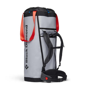 Black Diamond grey haul bag with red shoulder straps and black harness system