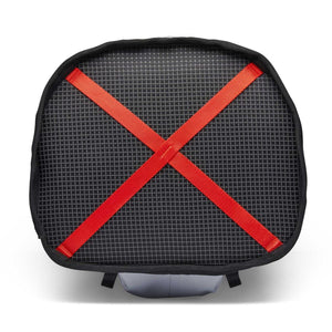 Top view of Black Diamond climbing bag with black grid fabric and red cross straps