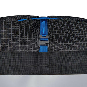 Black grid pattern fabric with blue nylon strap and plastic buckle closure