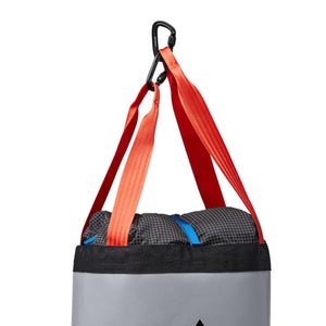 Black Diamond haul bag top closure with orange webbing straps and carabiner