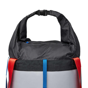 Black grid pattern roll top bag closure with plastic buckle and red and blue webbing straps