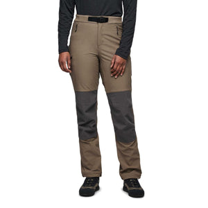 Black Diamond women's olive green hiking pants with dark grey reinforced knee panels