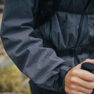 Black Diamond jacket sleeve with water droplets on fabric