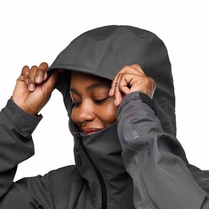 Person wearing a grey Black Diamond hooded jacket with the hood pulled up