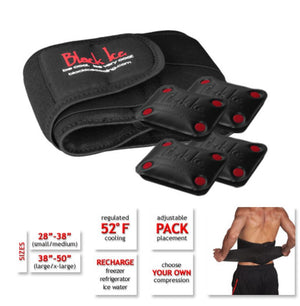 Black Ice back cooling wrap with four adjustable gel packs and sizing information
