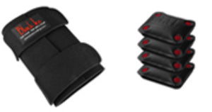 Black Label wrist support wrap and stack of four black weight inserts