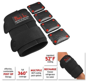 Black Ice cooling wrap with four rectangular cooling packs and informational text overlays